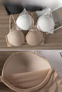 Detail of seamless wireless bra with breathable mesh fabric and thin shoulder straps
