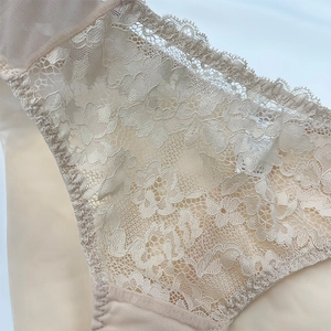 Nahaufnahme der beigefarbenen floralen Spitze und des atmungsaktiven Netzstoffs am Slip