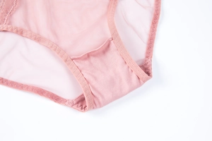 Detail of sheer lace panties with breathable mesh fabric and double-layered lining