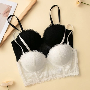 French Style Lace Bustier Bra For Women Push Up Gathered Underwired Longline Lingerie Floral Lace Breathable Sexy Bralette