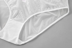 Detail of sheer white mesh underwear fabric and high-quality elastic waistband texture