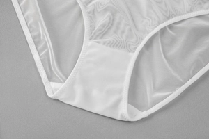 Detail of sheer white mesh fabric and precise stitching on these women's lace panties