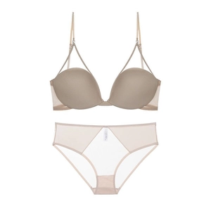 French seamless push-up bra set with U-shaped open back and sheer mesh panties in khaki