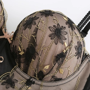 Lace backless bra with gold floral embroidery and mesh detail for women