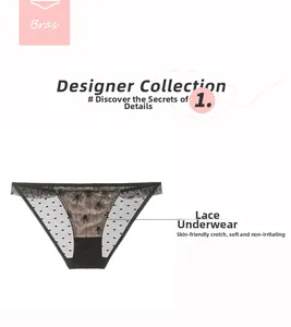 Detail of sheer mesh panties with floral embroidery and polka dot lace pattern