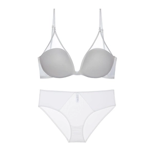 French style white seamless U-back lingerie set with sheer mesh and plunge bra