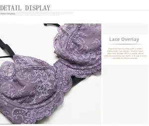 Close-up of light purple lace bra with fine embroidery and black adjustable straps