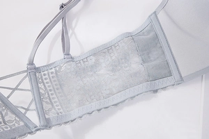 Detailed view of light blue lace lingerie with adjustable thin straps and mesh back
