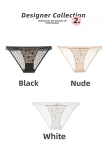 Detail view of lace mesh panties in black, nude and white with floral embroidery