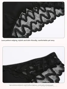 Detail of elegant black floral lace border and high-rebound waistband on lace panties