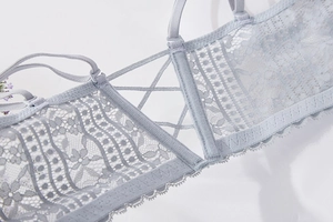 Close-up of lilac lace bra showing elegant criss-cross back straps and floral details