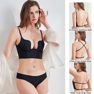 Ensemble soutien-gorge dos nu noir en forme de U sans couture avec bretelles amovibles