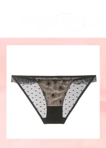 Detail of black lace panties with delicate polka dot mesh and floral embroidery texture
