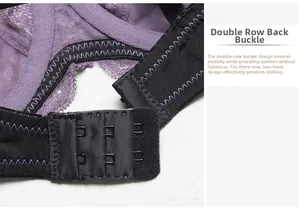 Detail of purple lace bra featuring double-row back closure and adjustable 3-hook design
