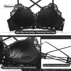 French style thin lace bra with front closure, cross back straps and breathable 0.3cm pads