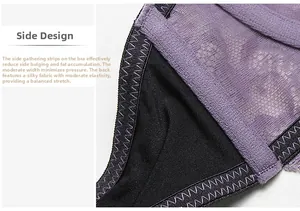 Detail of purple lace bra side band showing elastic mesh fabric and supportive stitching