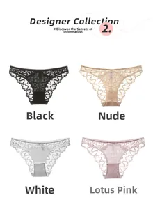 Set of four lace panties in black, beige, white, and mauve with wave pattern mesh details