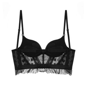 Detail view of the black lace bustier back featuring adjustable hook and eye closures