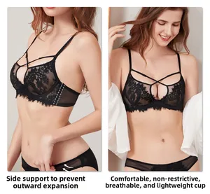 Détail de lingerie en dentelle noire avec bonnets ultra-fins et ailes latérales larges