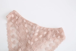 Vue détaillée de la dentelle rose clair avec des bords festonnés délicats