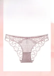 Detail view of pink low-rise lace panties with intricate mesh waves and polka dot patterns