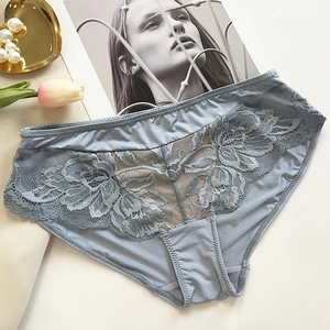 Détail d'une culotte en dentelle bleu clair avec texture florale et tulle élégant