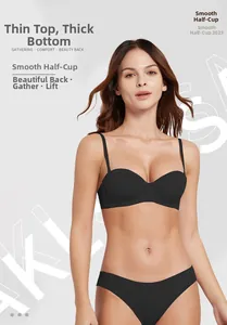 Detail of black seamless half-cup bra with thick padding for push-up effect