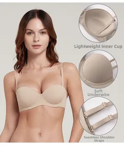Detail view of skin-colored seamless bra featuring thin inner cups and soft underwire support