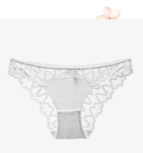 Detail of white lace panty showing floral mesh texture and wavy scalloped edges
