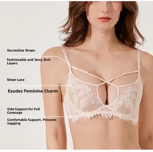 Détails d'un soutien-gorge en dentelle beige avec bretelles décoratives et maintien