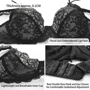 Sexy black lace bra with thin floral embroidery and adjustable back closure