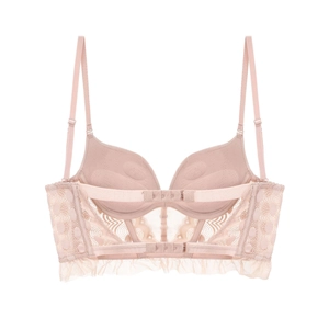 Elegant French style pink floral lace longline bra with U-shaped back and mesh ruffle hem