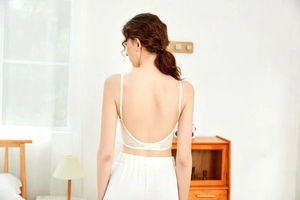 Deep U-shaped open back white lingerie with thin straps and sheer lace details