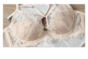 Vue détaillée de la dentelle à cils semi-transparente sur un ensemble soutien-gorge beige
