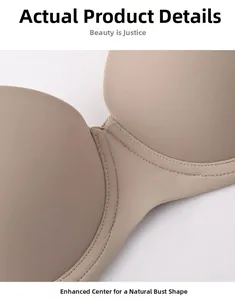 Close-up of seamless nude bra with deep V-center design and smooth nylon fabric texture