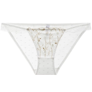 White sheer lace panties with floral embroidery and polka dot mesh for women