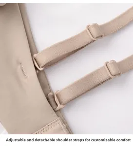 Close-up of adjustable and detachable shoulder straps on a beige seamless bra