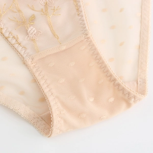Lace mesh panties with floral embroidery and polka dot texture in champagne color