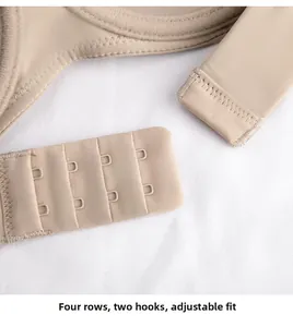 Detail of four-row two-button adjustable closure on seamless nude gathered push-up bra