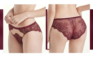 Primer plano detallado de bragas de encaje rojo vino con bordado floral y malla transparente