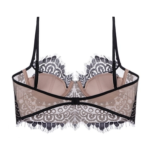 Sexy French black eyelash lace longline bra with U-back design and thin straps