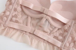 Close-up of pink lace bra featuring back buckle closure and mesh ruffle hem details