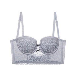 French style light grey lace longline bra with floral patterns and bow details