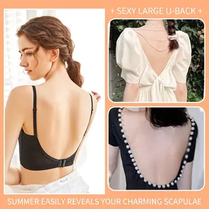 French lace push-up bra with deep U-back design and seamless black fabric finish