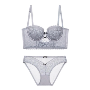 Elegant French lace lingerie set in mauve purple with floral embroidery and open back