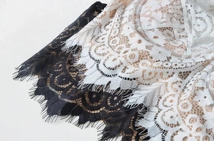Close-up of elegant floral eyelash lace trim in classic black and white contrast
