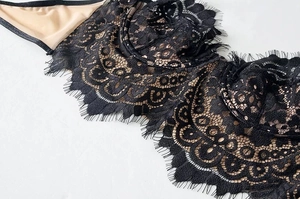 Macro shot of French eyelash lace detail and beige lining on black U-back bra cup