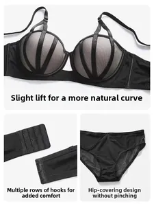 Detail view of black lace lingerie set with push-up cups and multi-row back closure