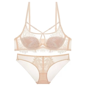Set lingerie sexy in pizzo a ciglia color carne con mesh trasparente e reggiseno con ferretto