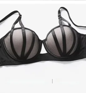 Detail of black lace bra showing breathable mesh lining and 3D molded cups construction